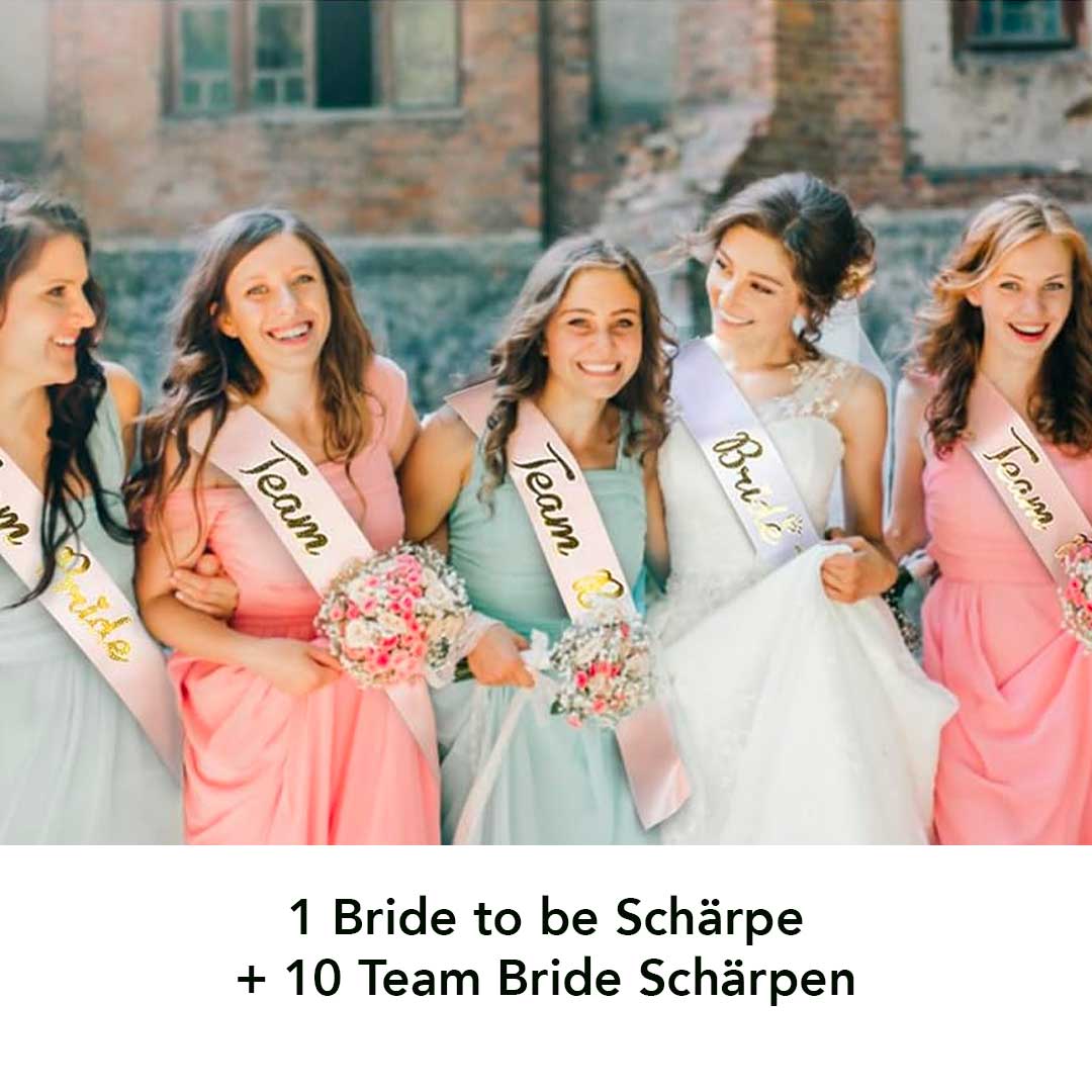 JGA Accessoires Frauen (1 Bride to be Schärpe + 10 Team Bride Schärpen + 3 Bride Tattoos)